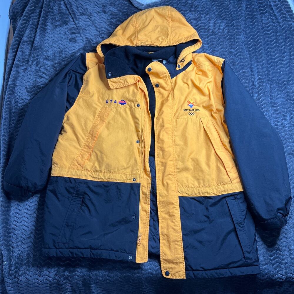 Vintage Olympics Parka Jacket Mens Size XL Yellow Black Full Zip Salt Lake 2002